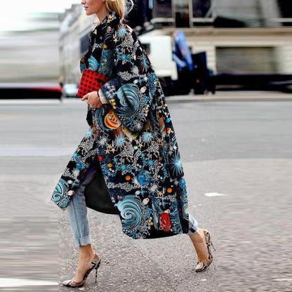 spring and autumn spot wish independent station ebay amazon long horn sleeve jacket printed loose trench coat women