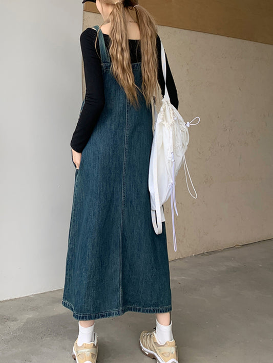 vlovelaw  Loose Fit Casual Denim Overall Dress, Front Pockets Non-Stretch Washed Denim Dress, Women's Denim Clothing