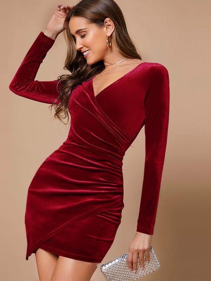 vlovelaw  Ruched V Neck Dress, Elegant Wrap Bodycon Long Sleeve Dress, Women's Clothing