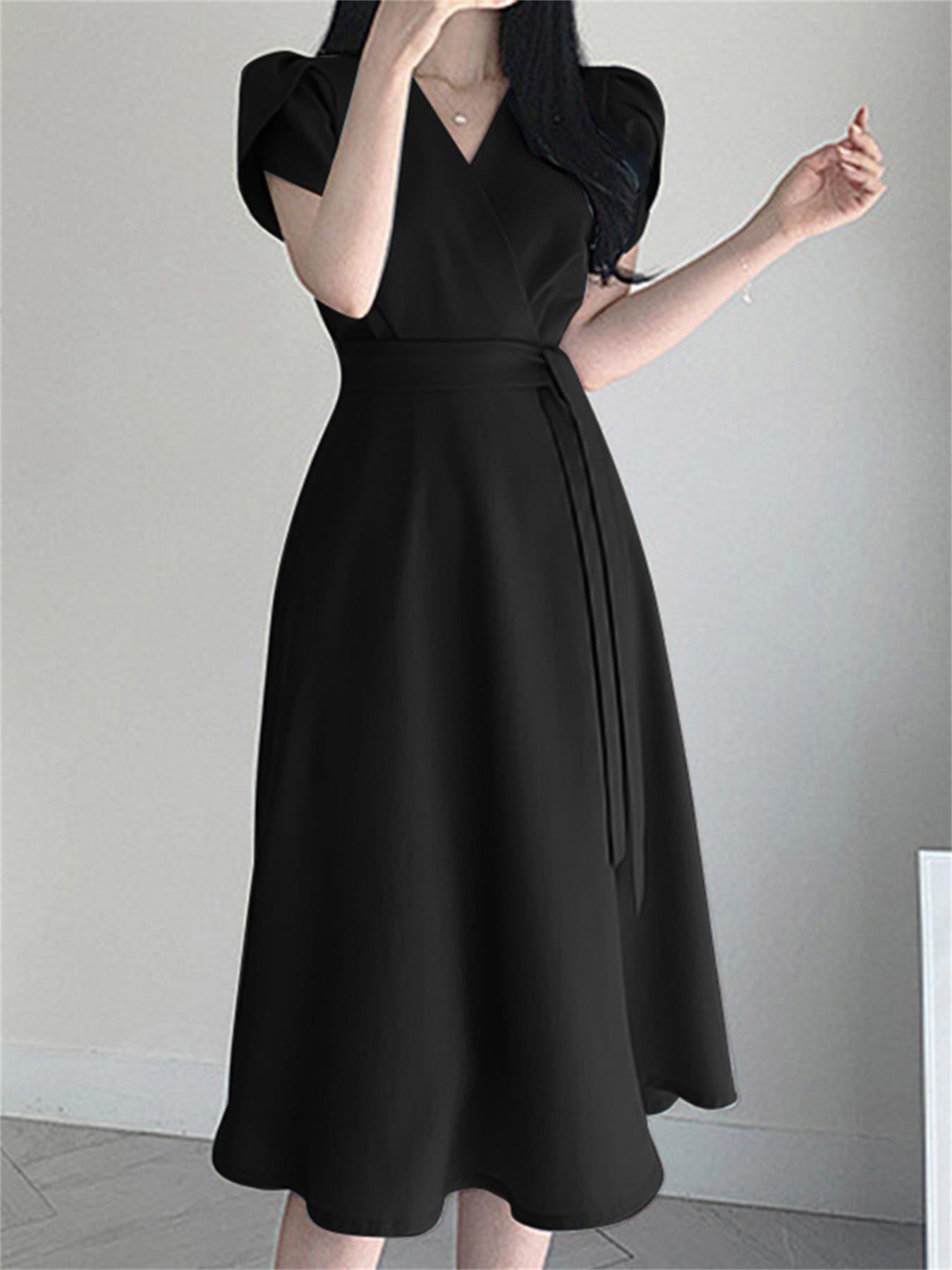 Belted Surplice Neck Solid Dress, Elegant Short Sleeve A-line Dress, Women's Clothing