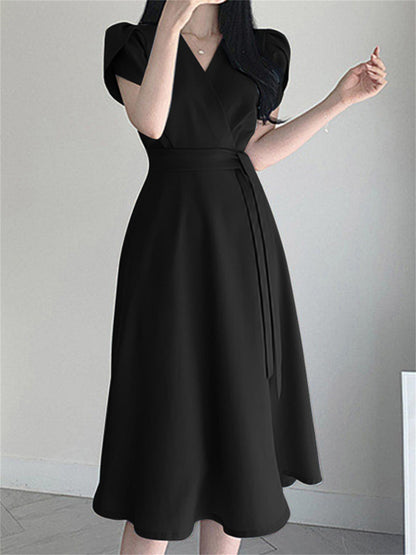 Belted Surplice Neck Solid Dress, Elegant Short Sleeve A-line Dress, Women's Clothing