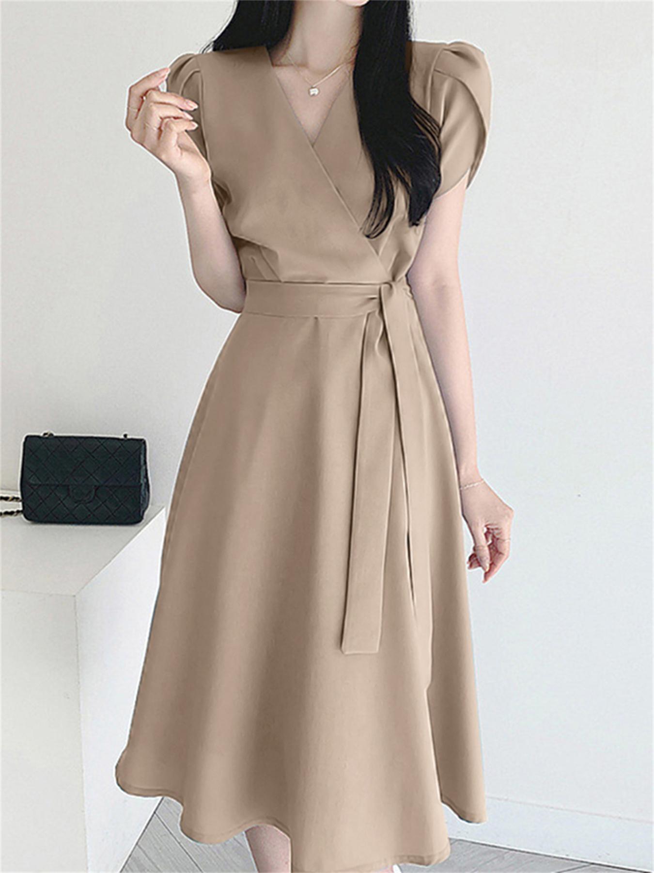vlovelaw  Belted Surplice Neck Solid Dress, Elegant Short Sleeve A-line Dress, Women's Clothing