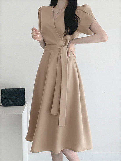 vlovelaw  Belted Surplice Neck Solid Dress, Elegant Short Sleeve A-line Dress, Women's Clothing