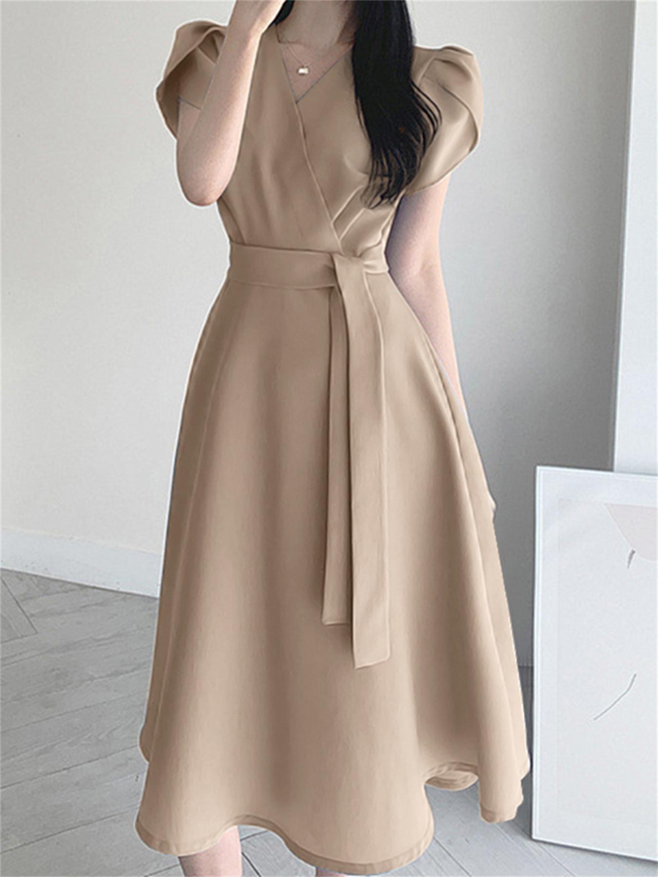 Belted Surplice Neck Solid Dress, Elegant Short Sleeve A-line Dress, Women's Clothing