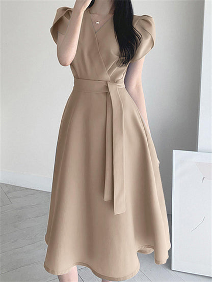 Belted Surplice Neck Solid Dress, Elegant Short Sleeve A-line Dress, Women's Clothing