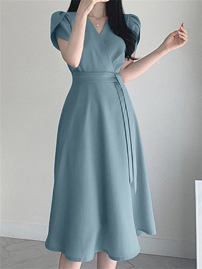 vlovelaw  Belted Surplice Neck Solid Dress, Elegant Short Sleeve A-line Dress, Women's Clothing