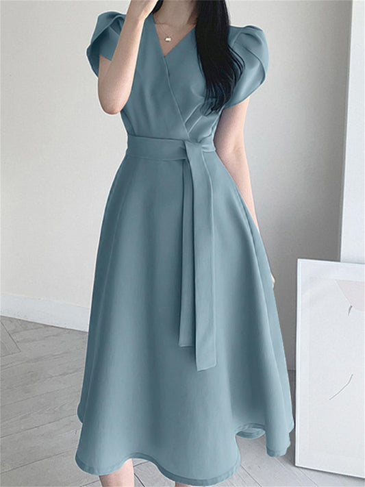 vlovelaw  Belted Surplice Neck Solid Dress, Elegant Short Sleeve A-line Dress, Women's Clothing