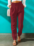 Ruffle Trim Smocked Solid Pants, Casual High Waist Long Length Elastic Pants, Women's Clothing
