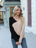 vlovelaw  Two-tone V Neck Pullover Sweater, Casual Long Sleeve Sweater For Spring & Fall, Women's Clothing
