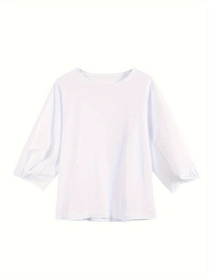 vlovelaw  Solid Color Crew Neck Blouse, Casual Three-quarter Sleeve Blouse For Spring & Summer, Women's Clothing