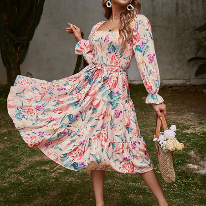 vlovelaw  Vintage Floral Print Dress, Boho Shirred Tiered Long Sleeve Dress, Women's Clothing