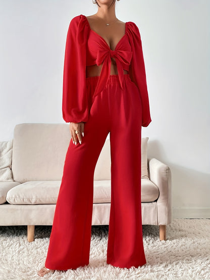 vlovelaw  Casual Solid Two-piece Pants Set, Long Sleeve Bow Front T-shirt & Loose Wide Leg Pants Outfits, Women's Clothing