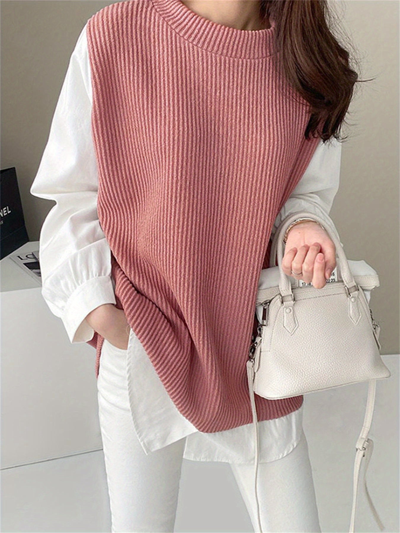 vlovelaw  Plus Size Casual Sweatshirt, Women's Plus Patchwork Long Sleeve Round Neck 2 In 1 Split Pullover Top