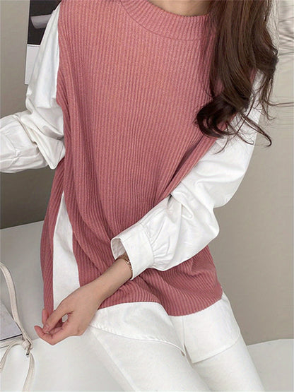 vlovelaw  Plus Size Casual Sweatshirt, Women's Plus Patchwork Long Sleeve Round Neck 2 In 1 Split Pullover Top