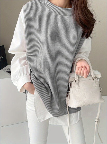 vlovelaw  Plus Size Casual Sweatshirt, Women's Plus Patchwork Long Sleeve Round Neck 2 In 1 Split Pullover Top