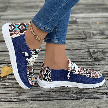 vlovelaw  Women's Tribal Pattern Canvas Shoes, Casual Round Toe Low Top Flat Sneakers, Lightweight Outdoor Walking Shoes