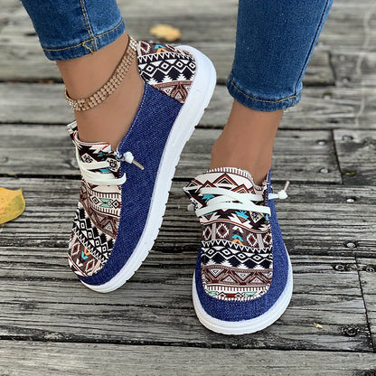vlovelaw  Women's Tribal Pattern Canvas Shoes, Casual Round Toe Low Top Flat Sneakers, Lightweight Outdoor Walking Shoes