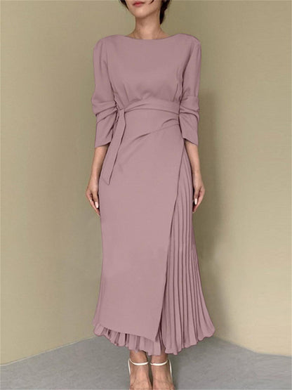vlovelaw  Solid Color Boat Neck Dress, Elegant Long Sleeve Dress For Spring & Fall, Women's Clothing