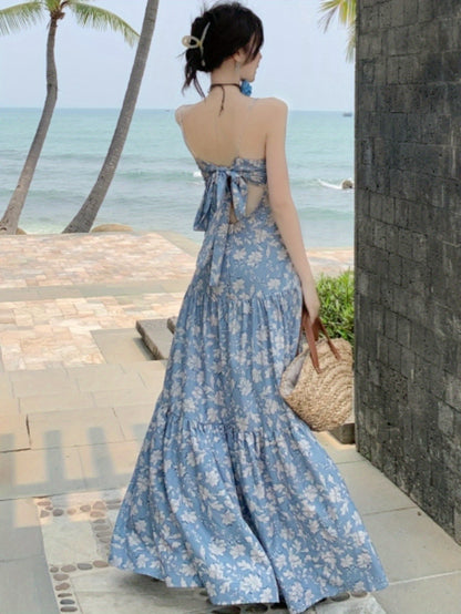 vlovelaw Floral Print Ruched Cami Dress, Elegant Sleeveless Ruffle Hem Dress For Spring & Summer, Women's Clothing