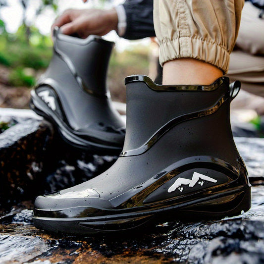 Men's Solid Colour Slip On Waterproof Rain Boots With Or Without Warm Plush Lining, Comfy Non Slip Casual Durable Water Shoes, Men's Outdoor Footwear