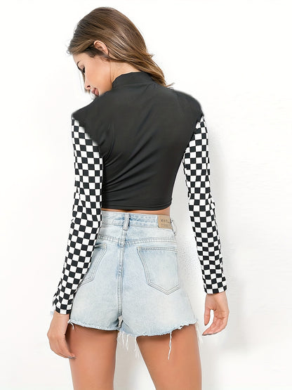 vlovelaw  Checkerboard Long Sleeve Sexy Cropped Top, Round Neck Long Sleeveed T-shirts, Women's Tops