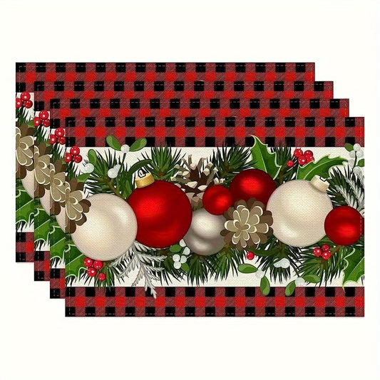Red Western-Style Heat Insulation Christmas Linen Placemats, Christmas Ball Pattern - Decorative Table Mats for Dining Table, Easy Cleaning, Table Protection, Kitchen Decorative Accents, Christmas Decor