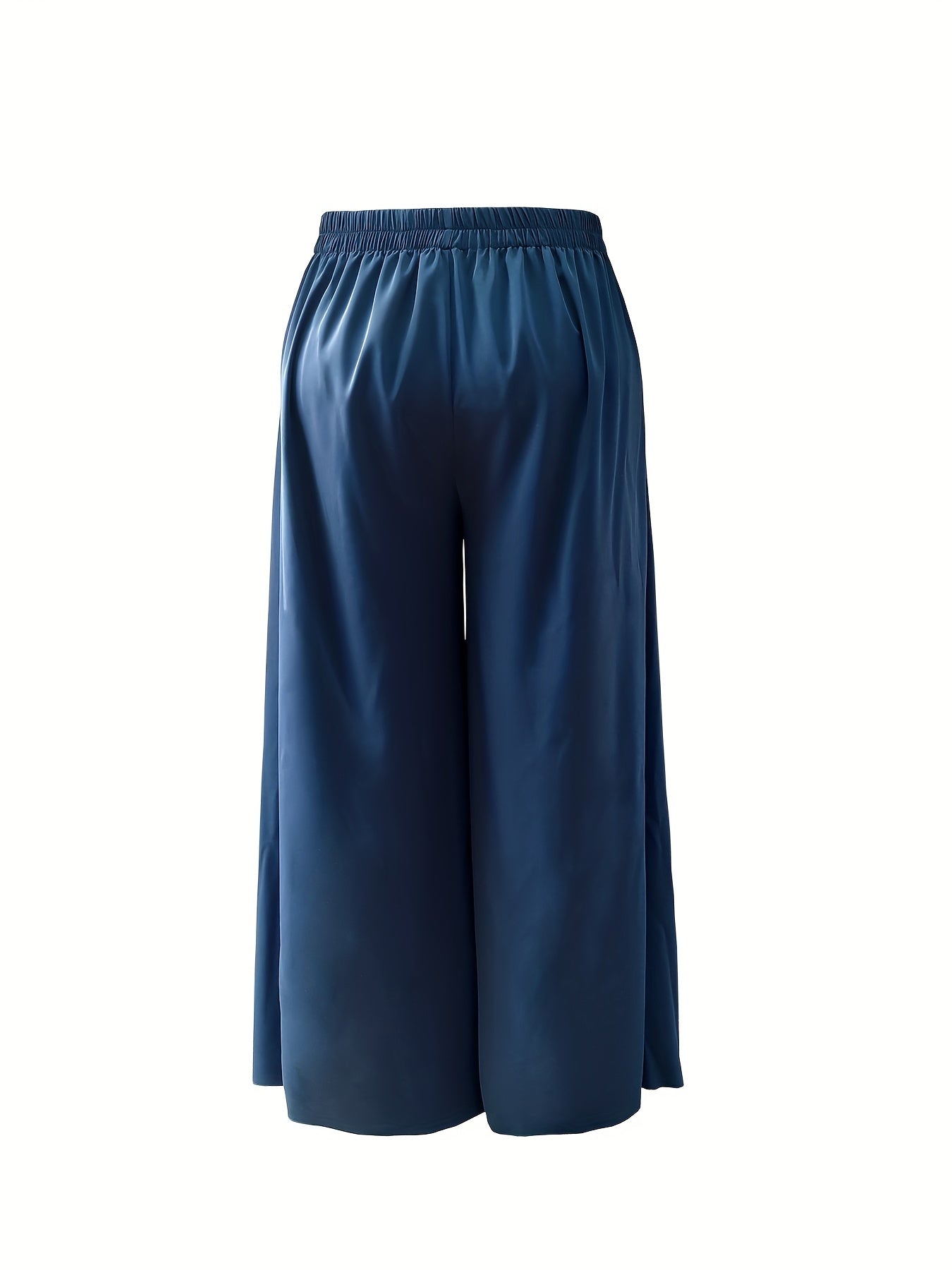 vlovelaw Plus Size Casual Pants, Women's Plus Solid Elastic Button Decor High Rise Loose Fit Wide Leg Trousers