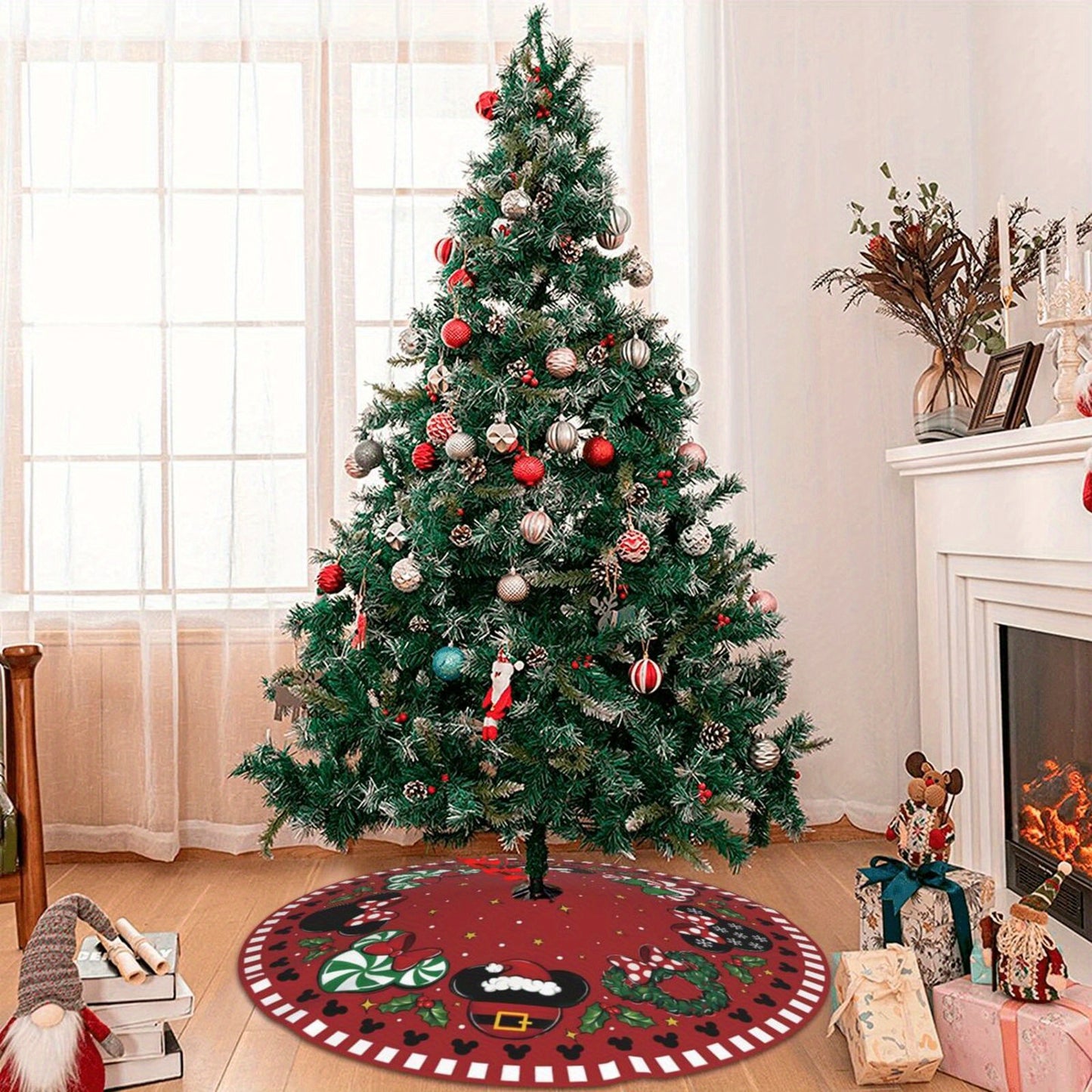 1pc 48" Red Polyester Festive Christmas Tree Skirt with Cartoon Mouse and Holiday Motifs, Xmas Tree Collar for Home Party Decoration