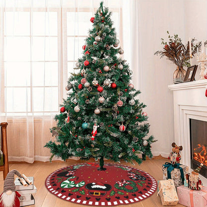 1pc 48" Red Polyester Festive Christmas Tree Skirt with Cartoon Mouse and Holiday Motifs, Xmas Tree Collar for Home Party Decoration