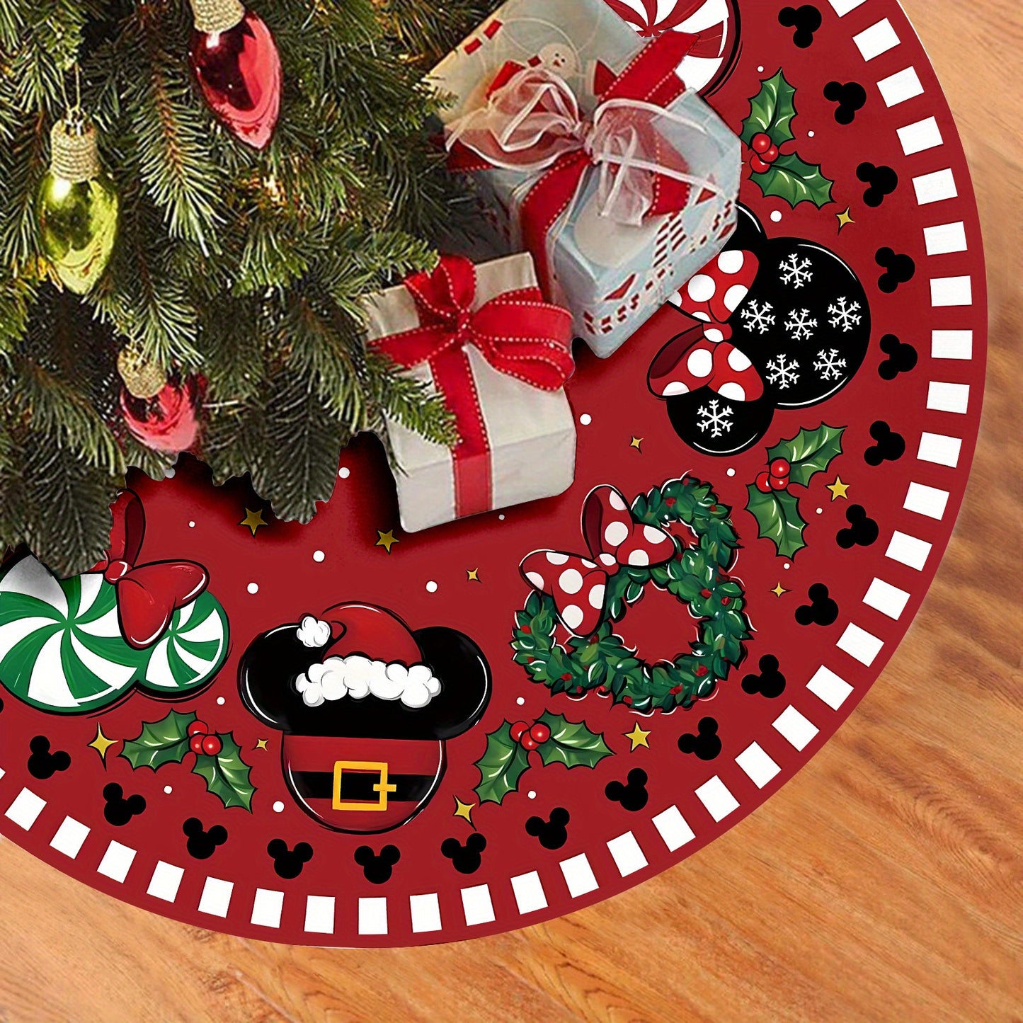 1pc 48" Red Polyester Festive Christmas Tree Skirt with Cartoon Mouse and Holiday Motifs, Xmas Tree Collar for Home Party Decoration