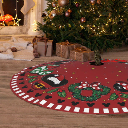 1pc 48" Red Polyester Festive Christmas Tree Skirt with Cartoon Mouse and Holiday Motifs, Xmas Tree Collar for Home Party Decoration