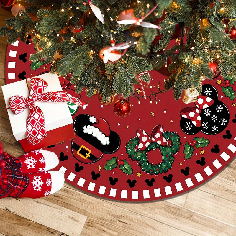 1pc 48" Red Polyester Festive Christmas Tree Skirt with Cartoon Mouse and Holiday Motifs, Xmas Tree Collar for Home Party Decoration