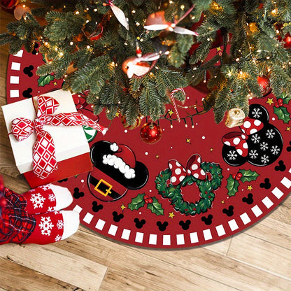 1pc 48" Red Polyester Festive Christmas Tree Skirt with Cartoon Mouse and Holiday Motifs, Xmas Tree Collar for Home Party Decoration