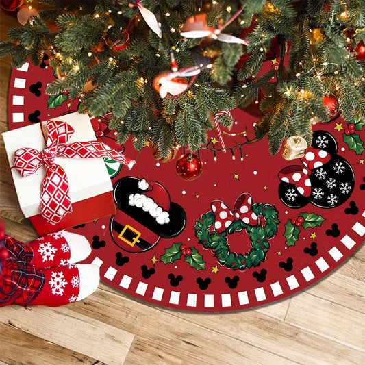 1pc 48" Red Polyester Festive Christmas Tree Skirt with Cartoon Mouse and Holiday Motifs, Xmas Tree Collar for Home Party Decoration