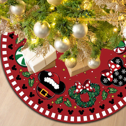 1pc 48" Red Polyester Festive Christmas Tree Skirt with Cartoon Mouse and Holiday Motifs, Xmas Tree Collar for Home Party Decoration