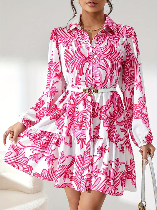 vlovelaw Floral Print Collared Long Sleeve Dress, Elegant Ruffle Hem Dress For Spring, Women's Clothing