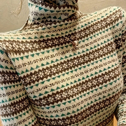 vlovelaw  Geometric Pattern Knitted Pullover Sweater, Casual Turtleneck Long Sleeve Top For Fall & Winter, Women's Clothing
