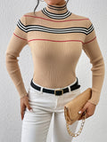 vlovelaw Striped Turtle Neck Pullover Sweater, Casual Long Sleeve Slim Sweater For Fall & Winter, Women's Clothing