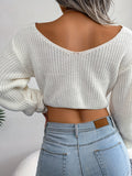 Knotted V Neck Crop Sweater, Casual Lantern Long Sleeve Loose Fall Winter Crop Knit Sweater, Women's Clothing