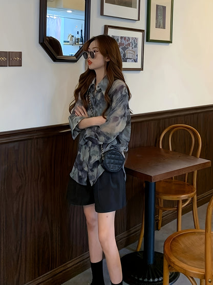 vlovelaw Tie Dye Button Front Shirt, Casual Long Sleeve Shirt For Spring & Fall, Women's Clothing