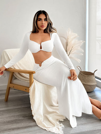 vlovelaw Sexy Solid Slim Two-piece Skirt Set, Crop Square Neck Long Sleeve Top & High Split Bodycon Skirt Outfits, Women's Clothing