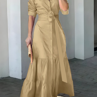 vlovelaw Solid Button Front Belted Dress, Elegant Ruched Sleeve Ruffle Trim Maxi Dress, Women's Clothing