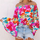 vlovelaw Women's T-shirt Women Floral Print Smocked Cuff Flare Sleeve Shirt