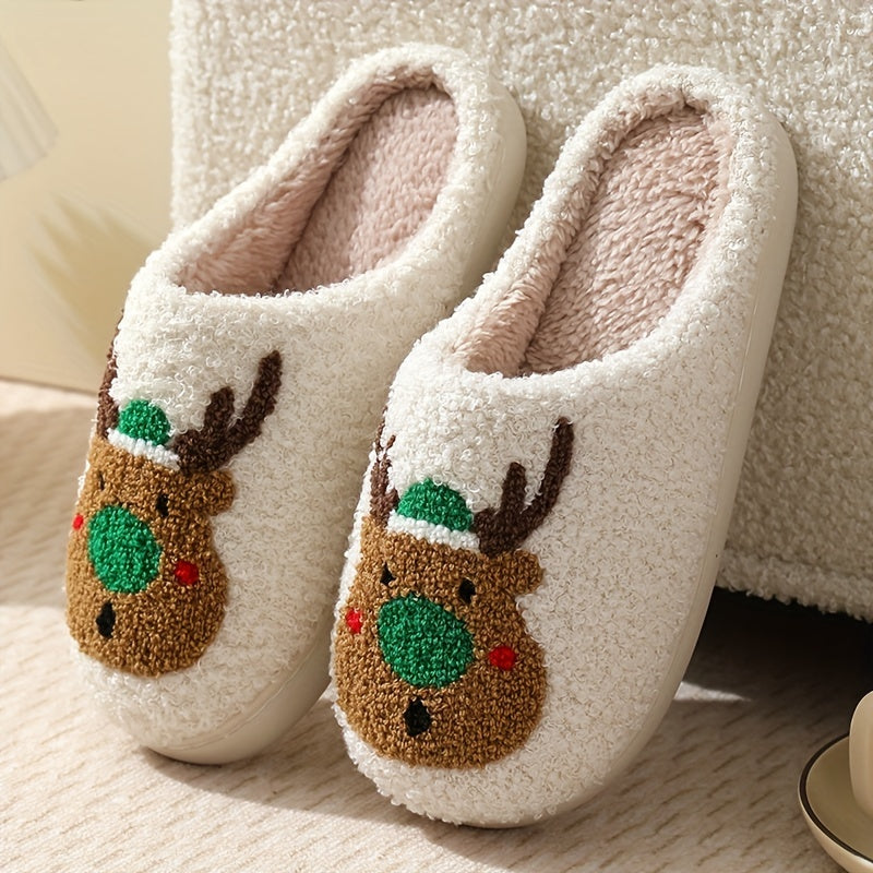 [Customer Favorite] Cozy Christmas Reindeer Plush Slippers for Couples - Warm, Soft Indoor Shoes with Non-Slip TPR Sole, Perfect for Winter