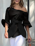 vlovelaw  Solid Cold Shoulder Waist Belted Top, Elegant Layered Ruffle Sleeve Top For Spring & Fall, Women's Clothing