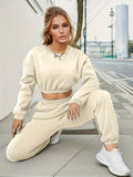 Solid Workout Two-piece Set, Cropped Long Sleeve Sweatshirt & Elastic Waist Jogger Pants Outfits, Women's Clothing