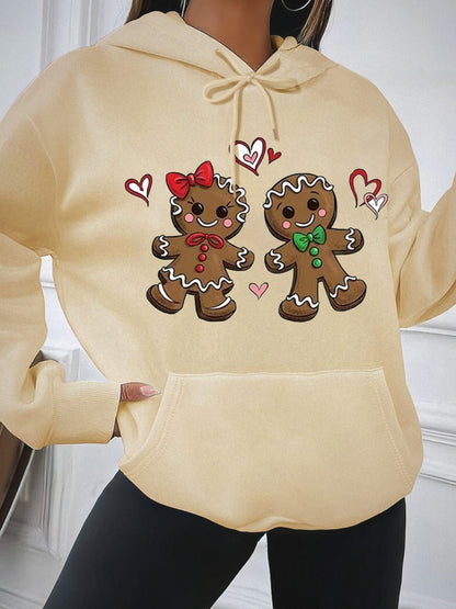 Festive Gingerbread Man Design Hoodie - Soft Casual Long Sleeve Kangaroo Pocket Sweatshirt with Relaxed Fit, Women's Cozy Winter Clothing for Holiday Season