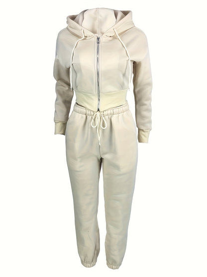 vlovelaw  Solid Casual Two-piece Set, Zip Up Hooded Drawstring Long Sleeve Outerwear & Pants Outfits, Women's Clothing