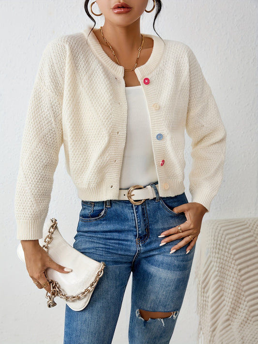 vlovelaw  Solid Button Down Knit Cardigan, Elegant Crew Neck Long Sleeve Sweater, Women's Clothing