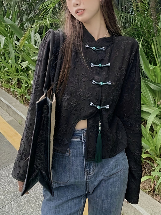 vlovelaw  Contrast Trim Frog Button Tassel Tang Top, Vintage Long Sleeve Top For Spring & Fall, Women's Clothing